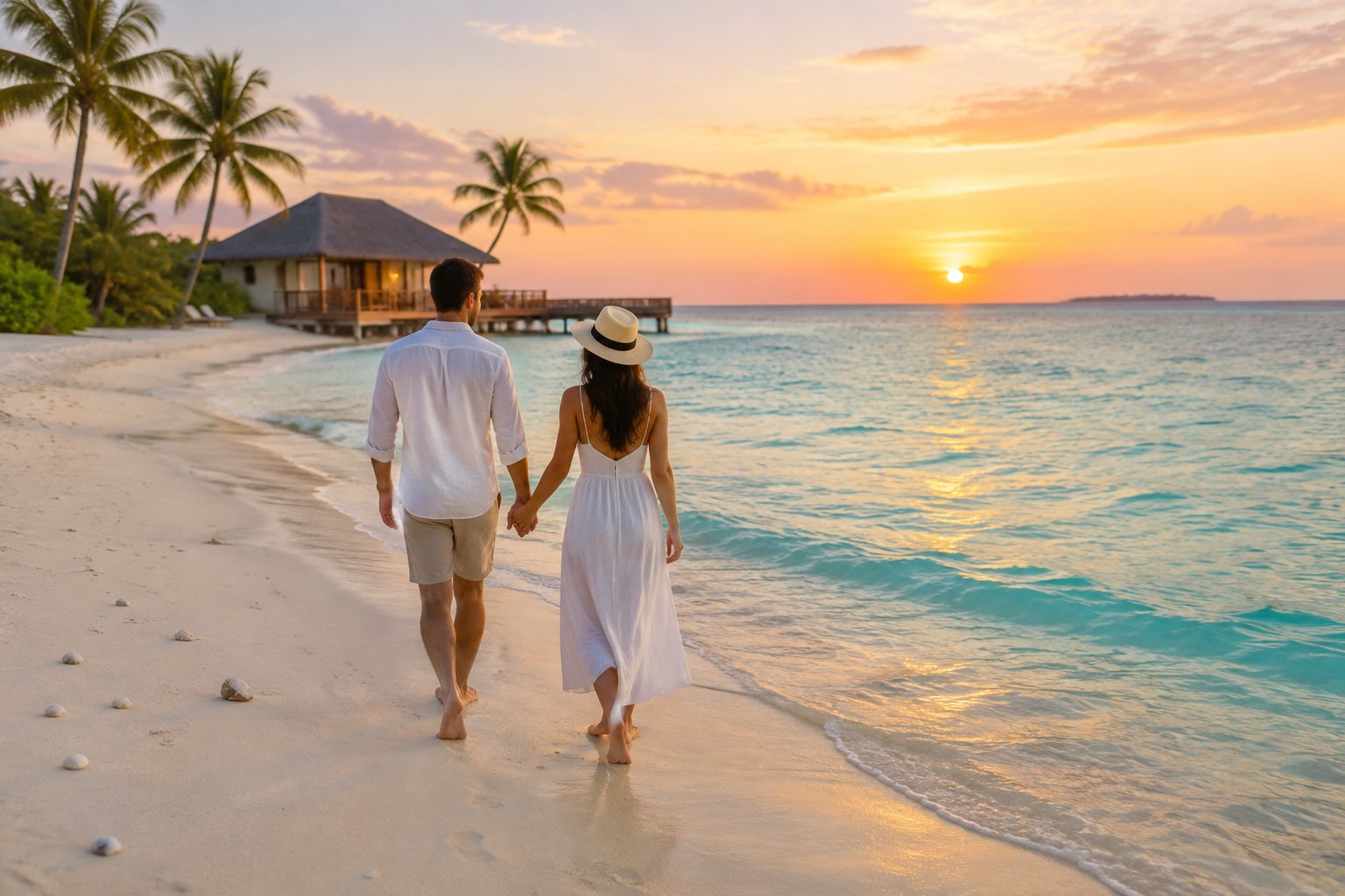 A couple walks hand in hand along a tropical beach beside a small island bungalow at sunset.