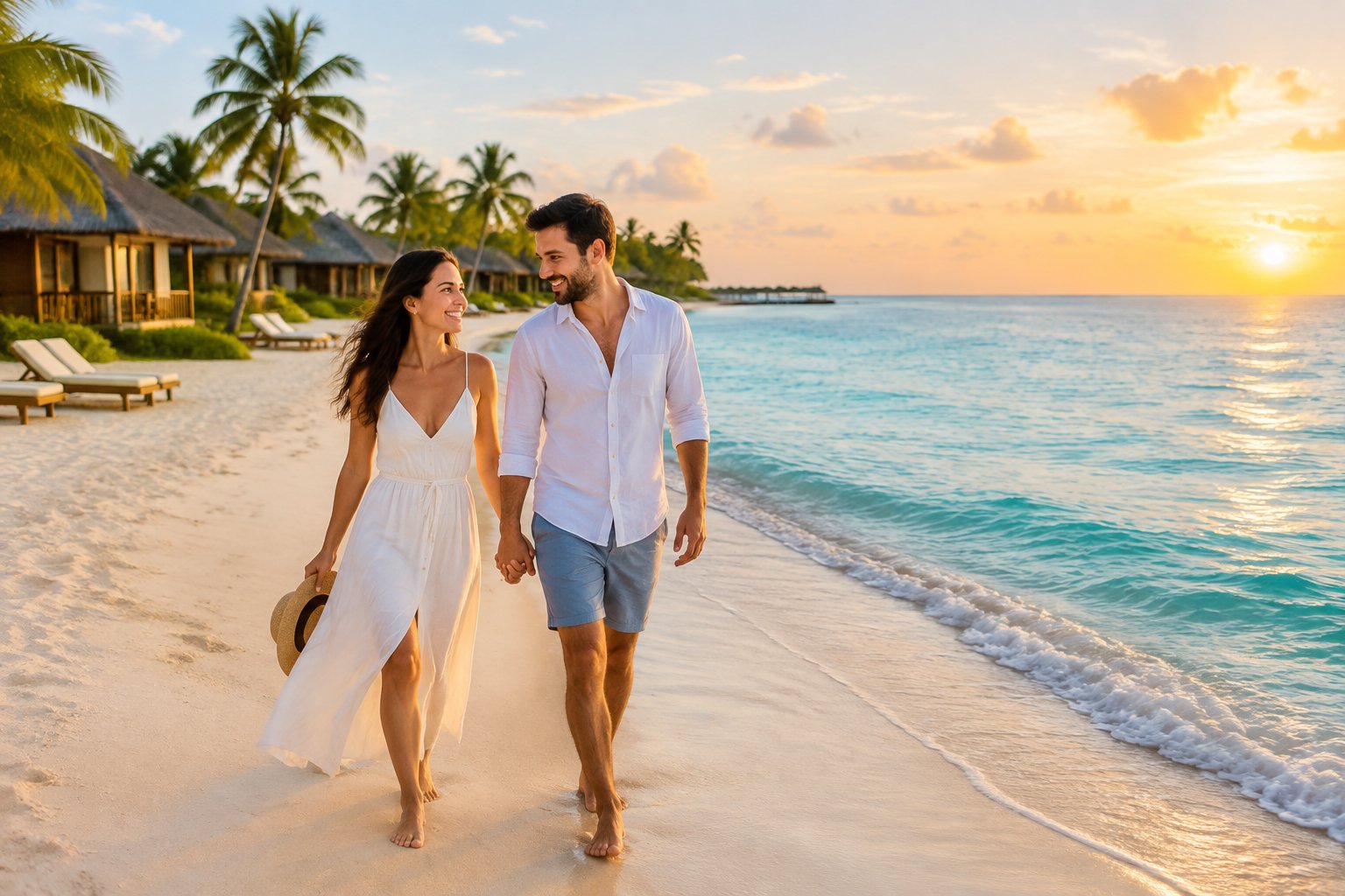 A newlywed couple walks hand in hand along a sunny tropical beach beside a welcoming resort.