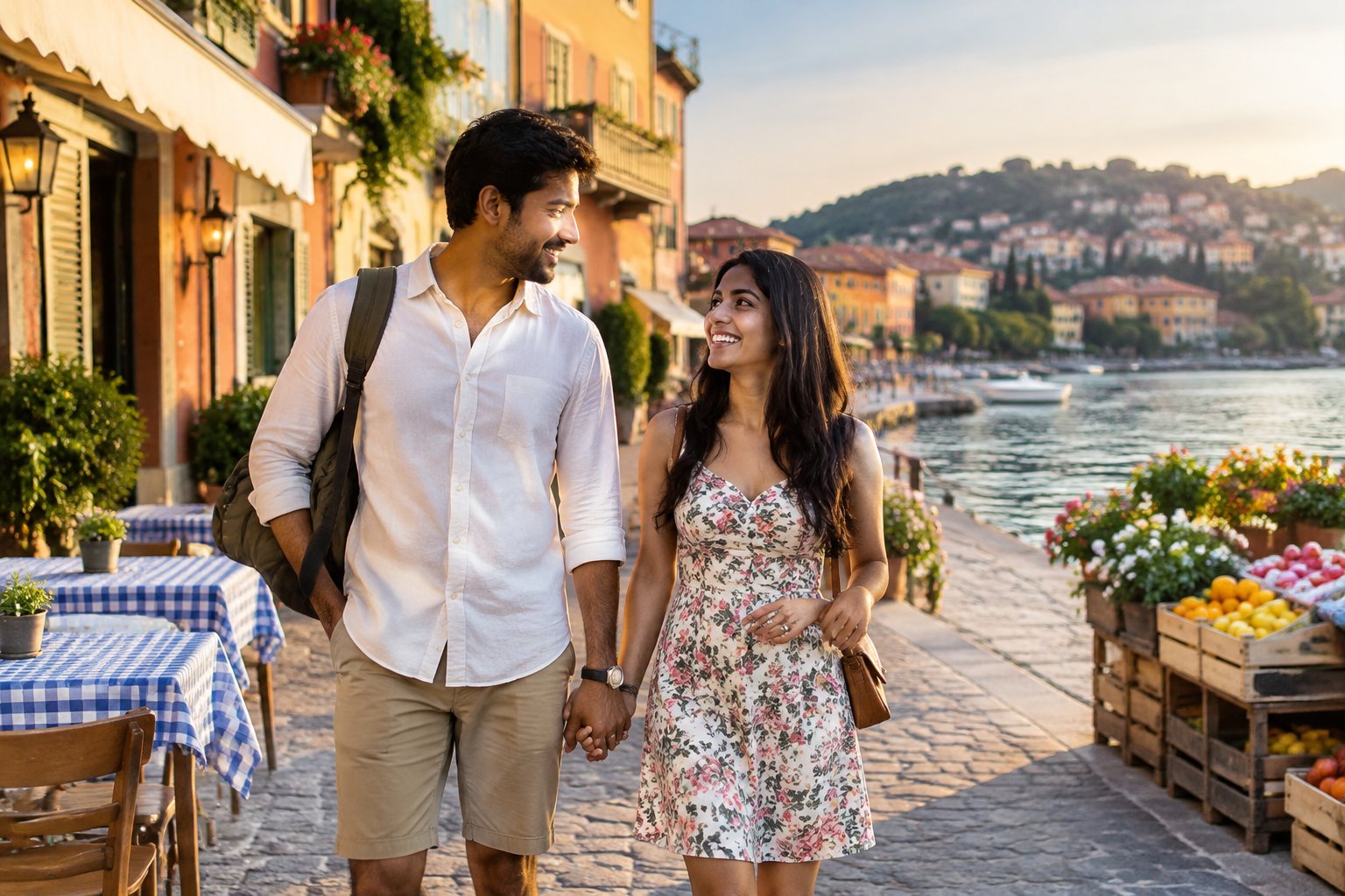 A newlywed couple walks hand in hand through a charming international city street beside a scenic waterfront.