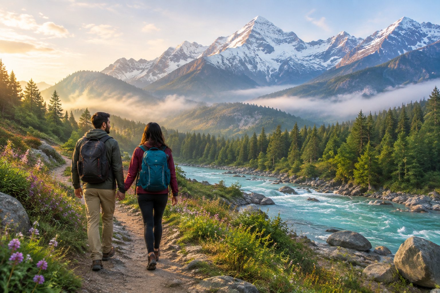 A newlywed couple walks hand in hand along a mountain trail beside a river with snowy peaks and green forests in the background.