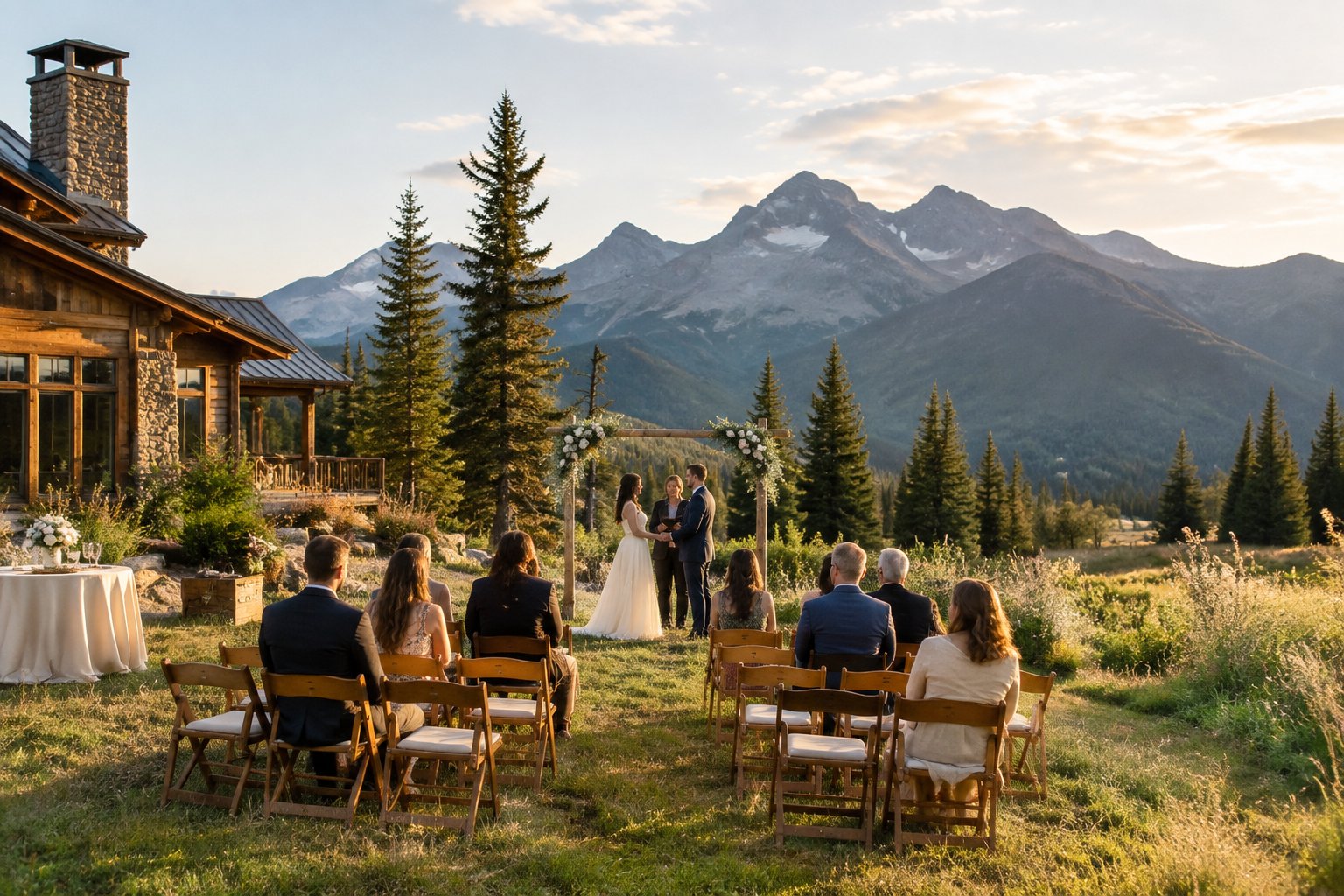 An intimate outdoor wedding ceremony at a rustic mountain venue surrounded by pine trees, wildflowers, and distant peaks.
