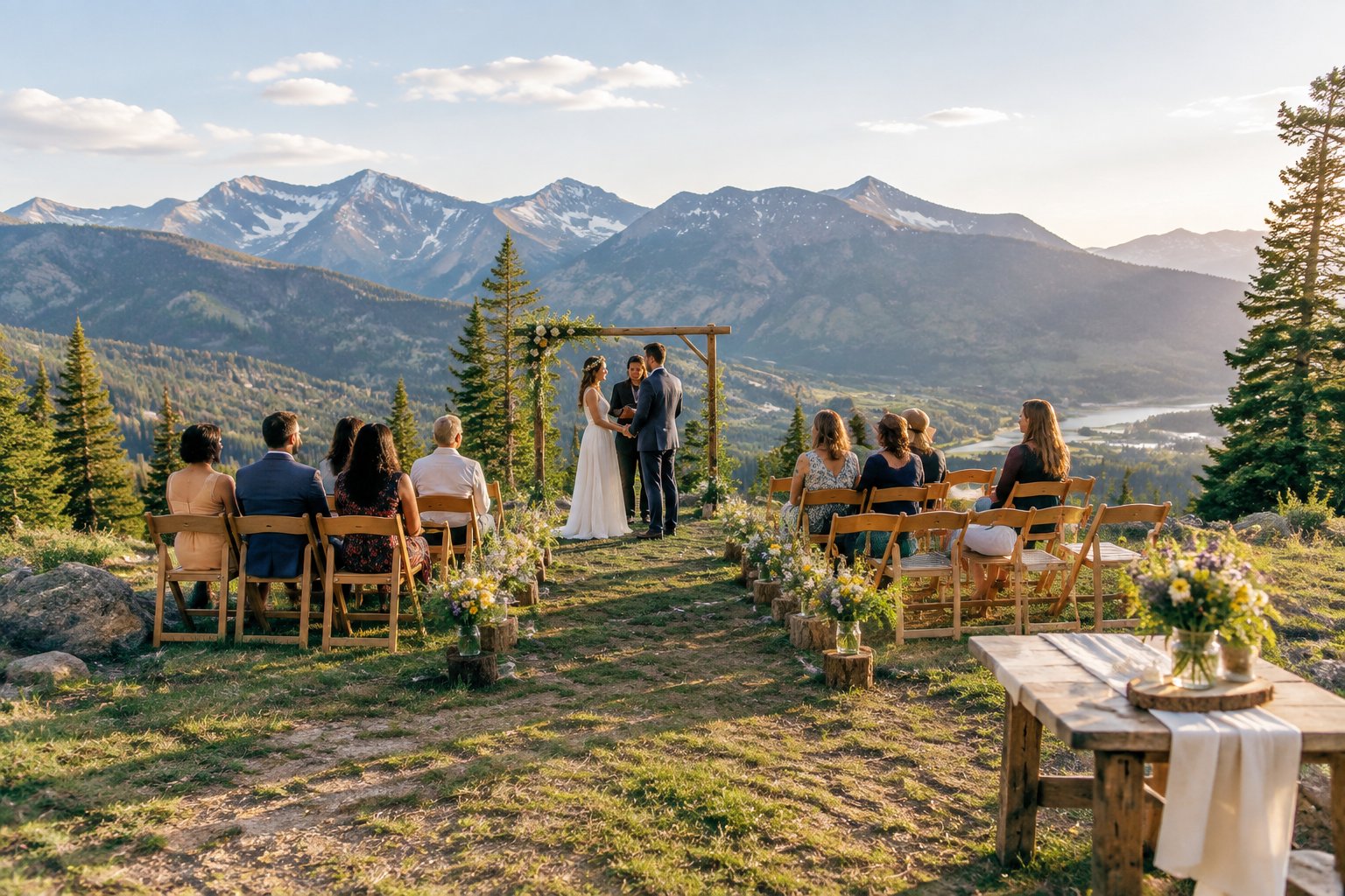 A small outdoor wedding ceremony with simple decorations in a mountain meadow.
