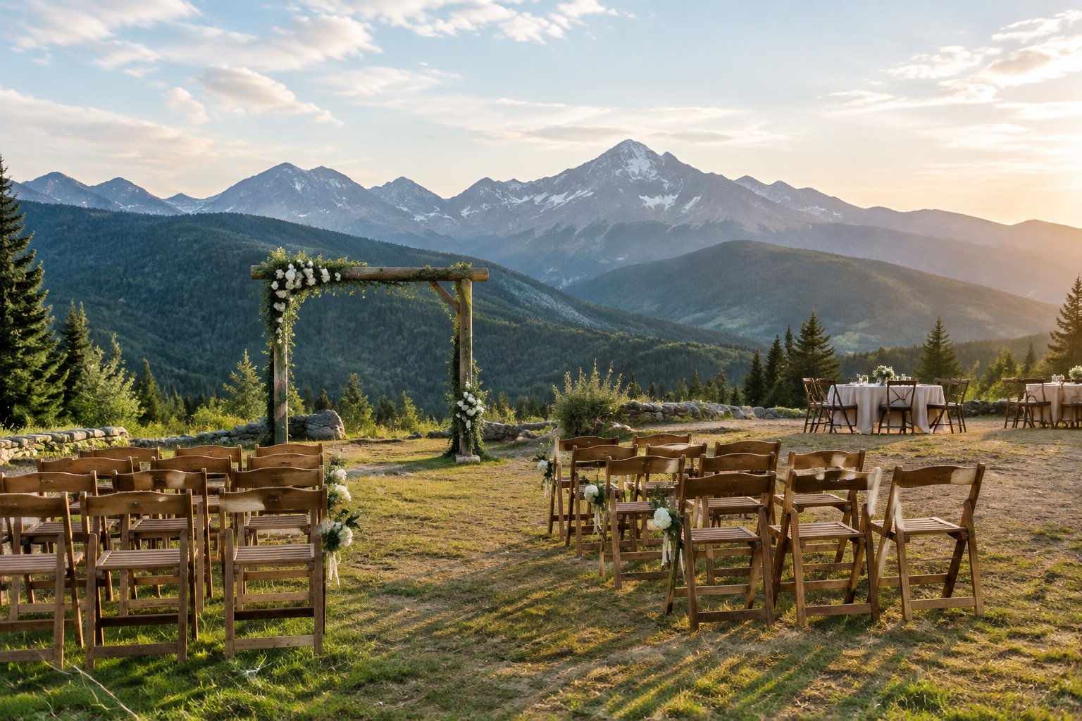A simple outdoor wedding setup with wooden chairs and a floral arch overlooking mountain peaks.