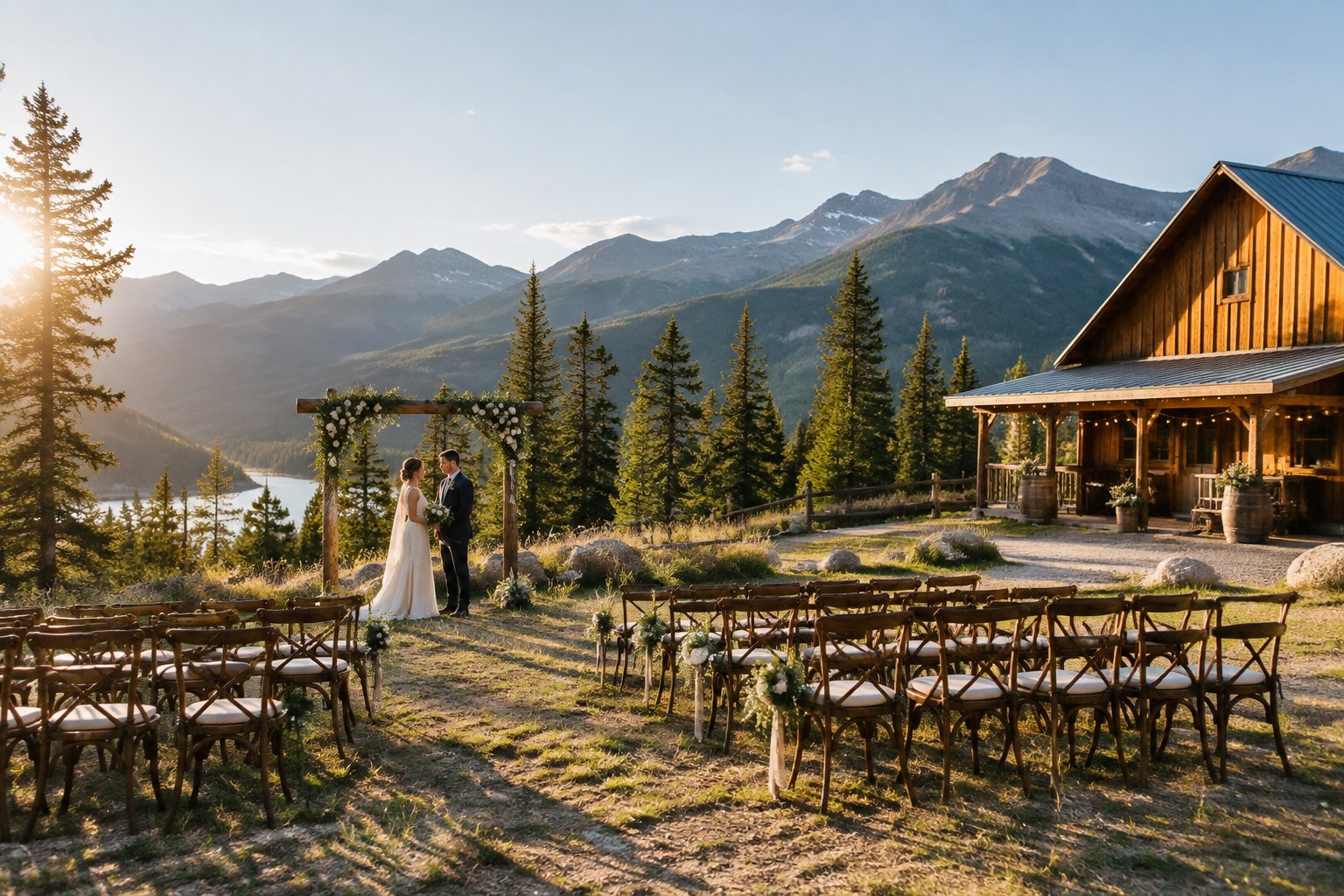 A small outdoor wedding ceremony at a rustic mountain venue surrounded by pine trees and distant peaks.