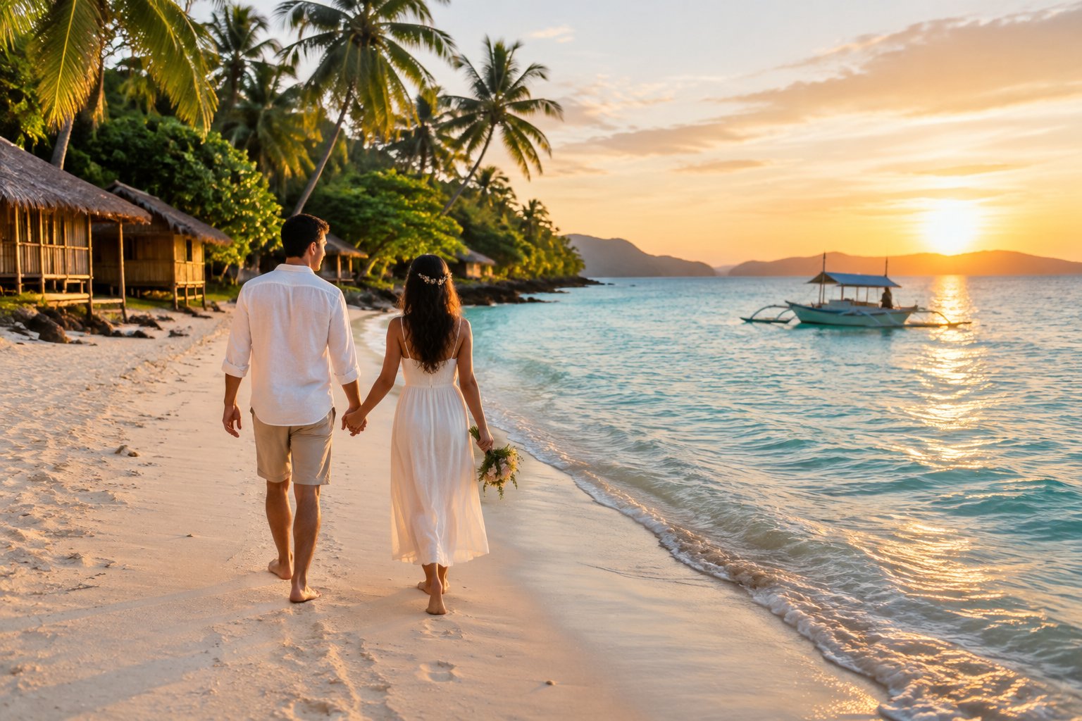 A newlywed couple walks hand in hand along a quiet tropical beach in the Philippines.