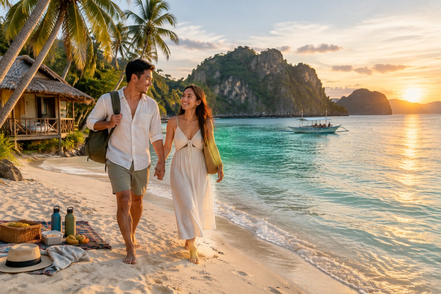 A newlywed couple holding hands on a peaceful tropical beach in the Philippines.