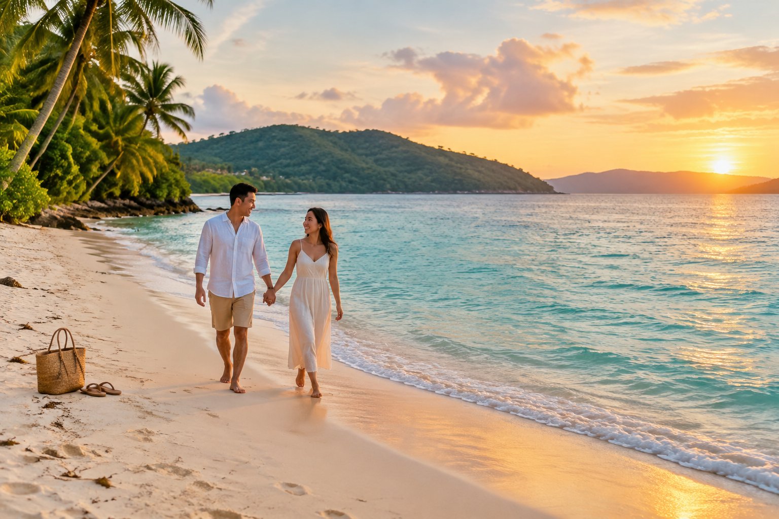 A newlywed couple walks hand in hand along a tropical Philippine beach at sunset.