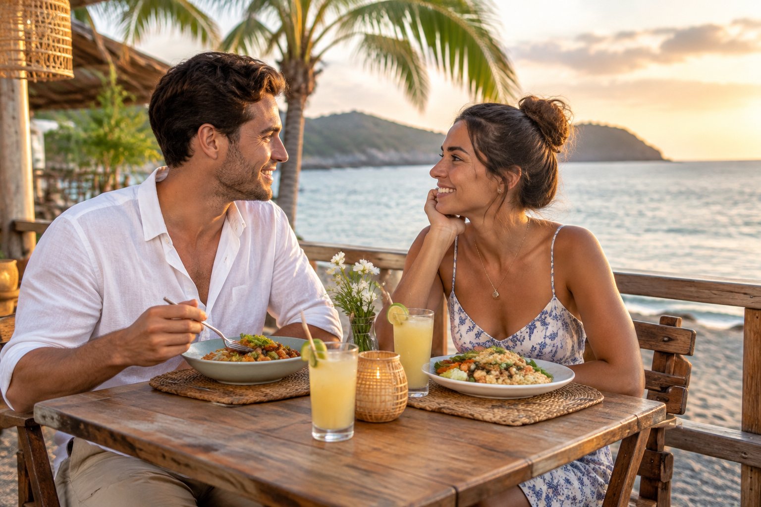 A newlywed couple sharing an affordable dinner at a seaside restaurant during sunset.