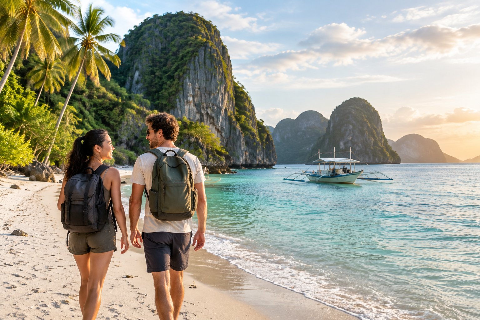 A couple with daypacks walks along a tropical Philippine beach surrounded by turquoise water, limestone cliffs, and palm trees.