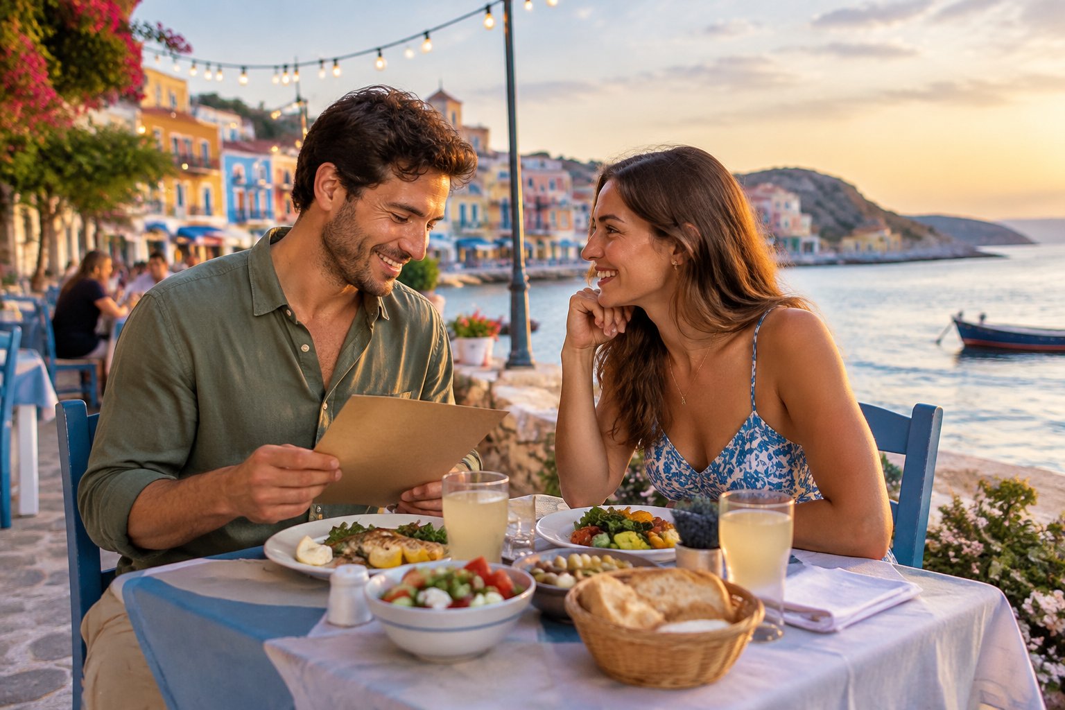 A newlywed couple shares an affordable meal at a charming seaside restaurant.