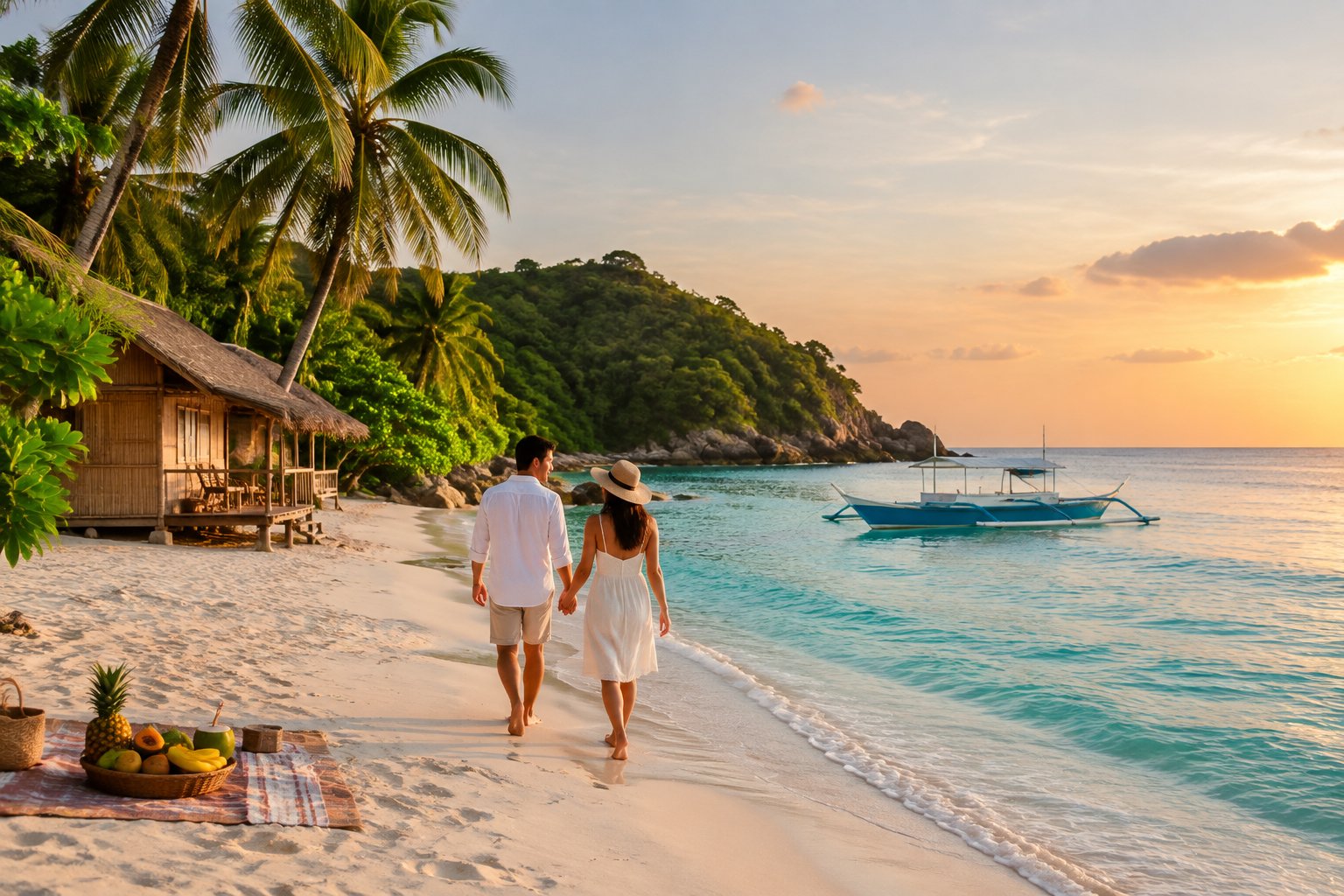 A couple walks hand in hand along a quiet tropical beach beside a simple seaside cottage.