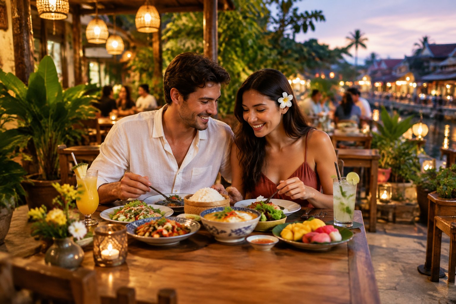 A newlywed couple shares an affordable meal at a warmly lit Asian restaurant.