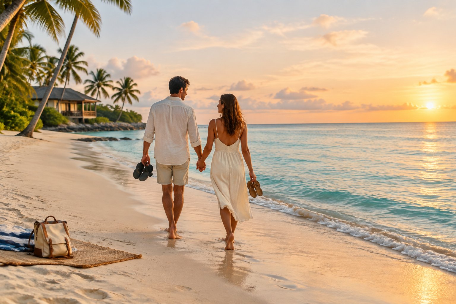 A newlywed couple walks hand in hand along a sunny tropical beach near a small beachfront bungalow.