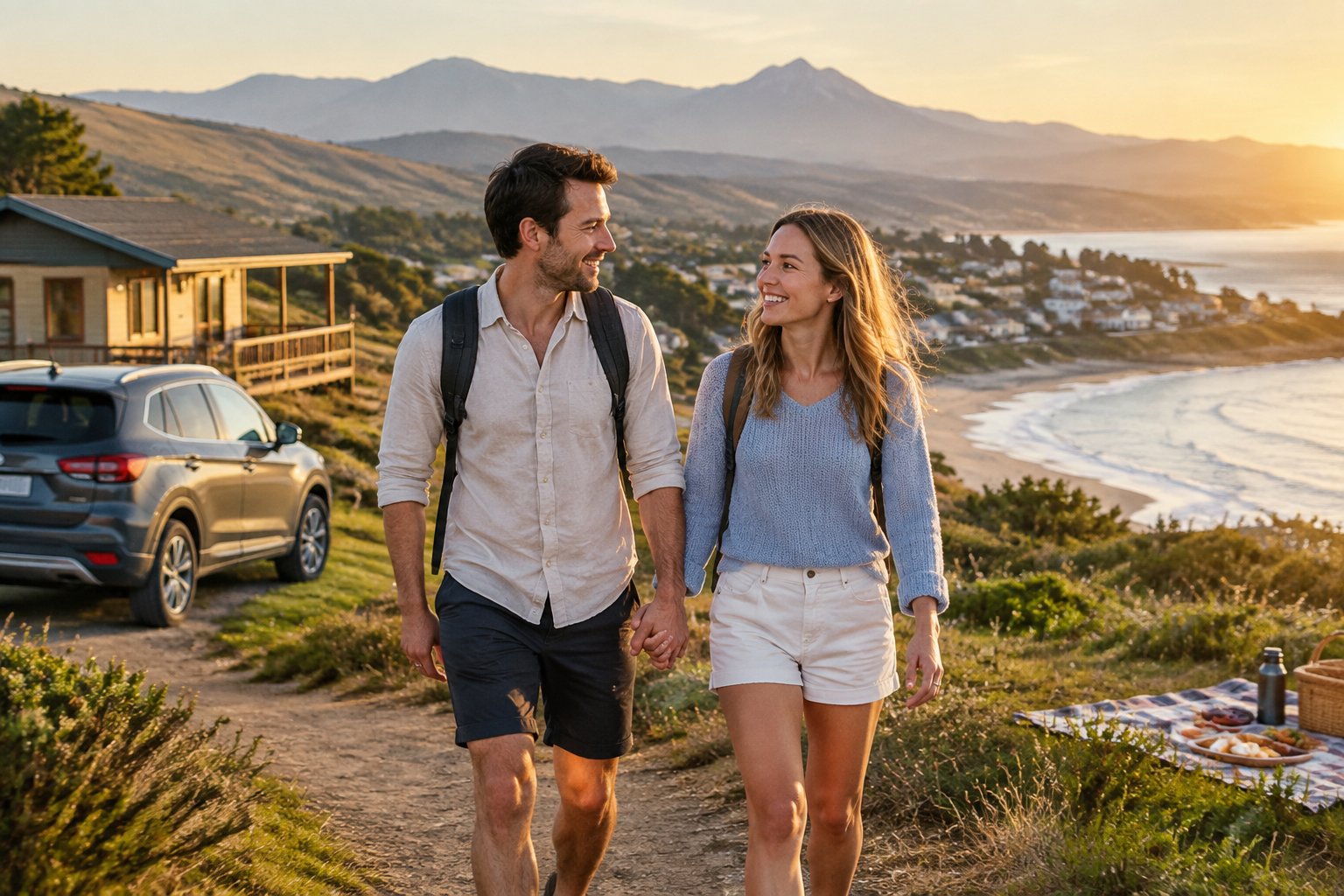 A newlywed couple walks hand in hand through a scenic coastal landscape with hills, mountains, and a cozy lodging nearby.