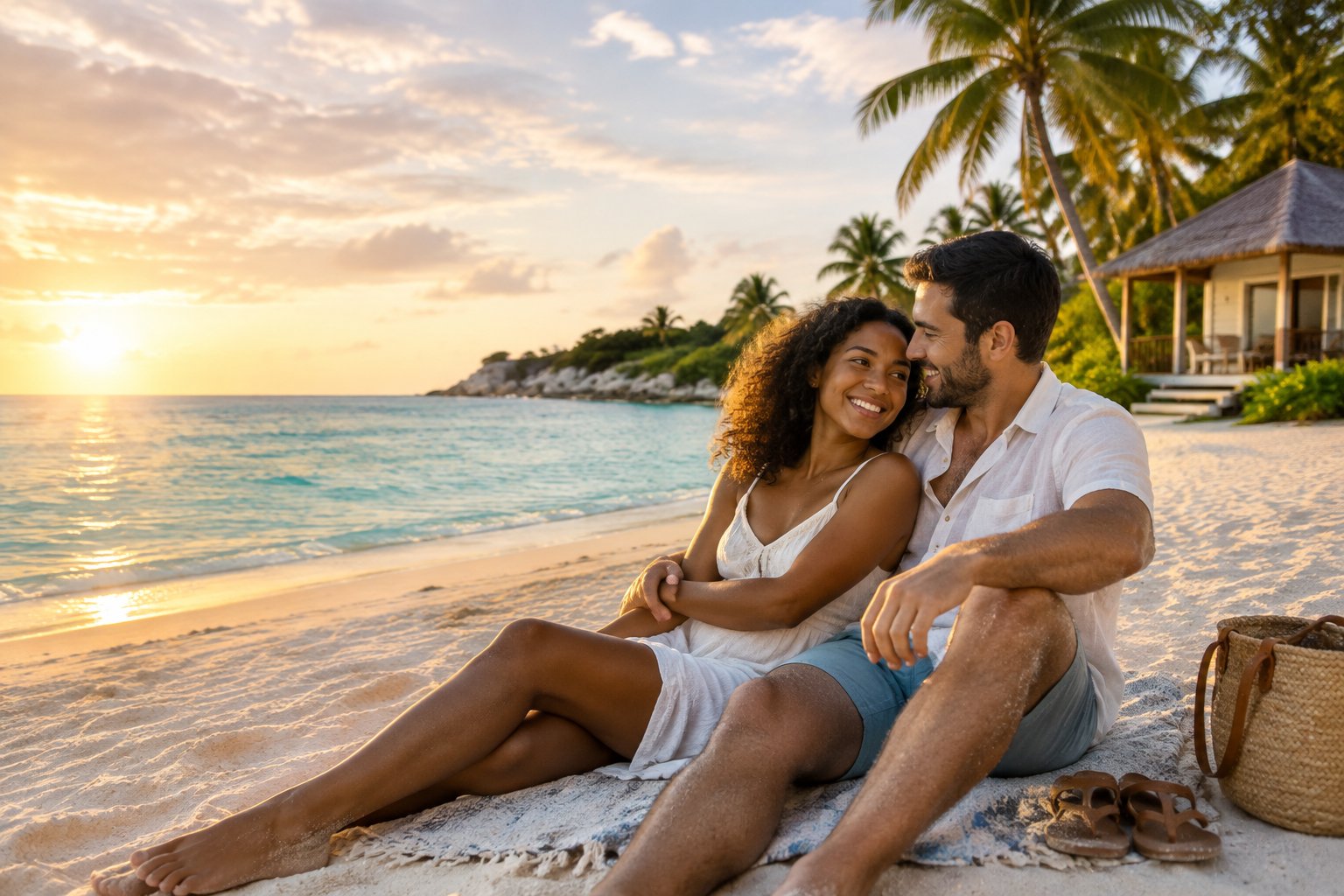 A newlywed couple relaxing on a sunny tropical beach beside modest beachfront lodging.