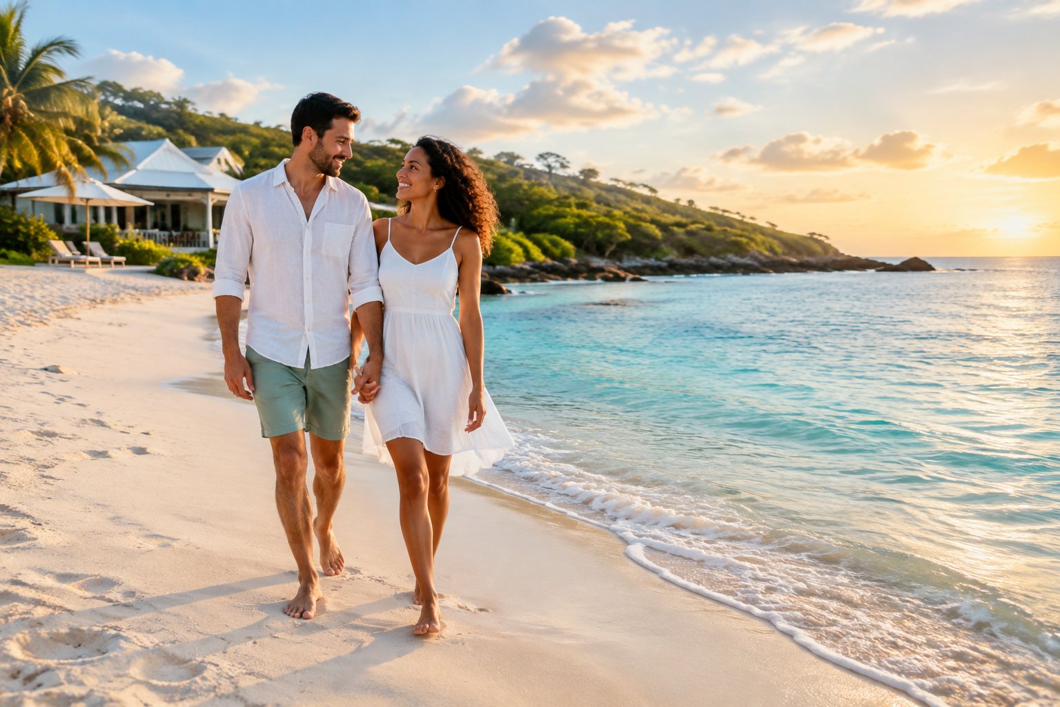 Newlywed couple relaxing together on a quiet tropical beach beside a small seaside resort.
