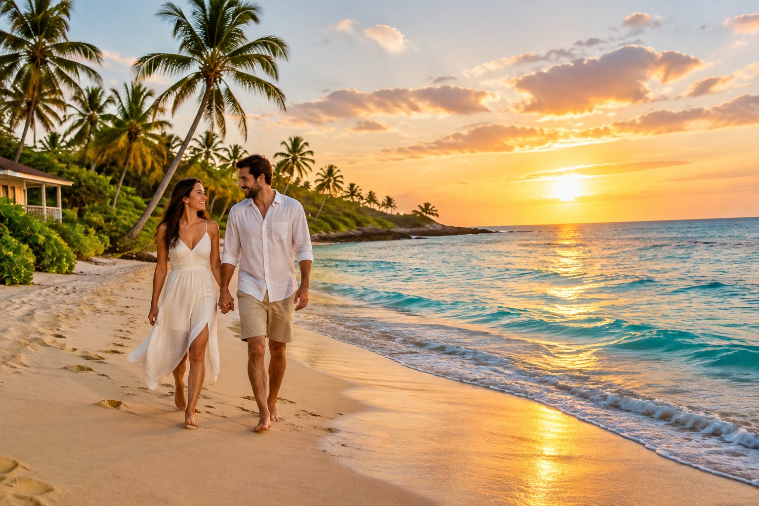 A newlywed couple walks along a tropical beach in Puerto Rico at sunset.