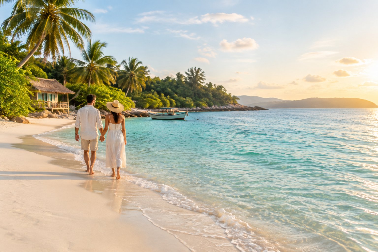 A couple walks along a sunny tropical beach beside clear turquoise water and lush palm trees.