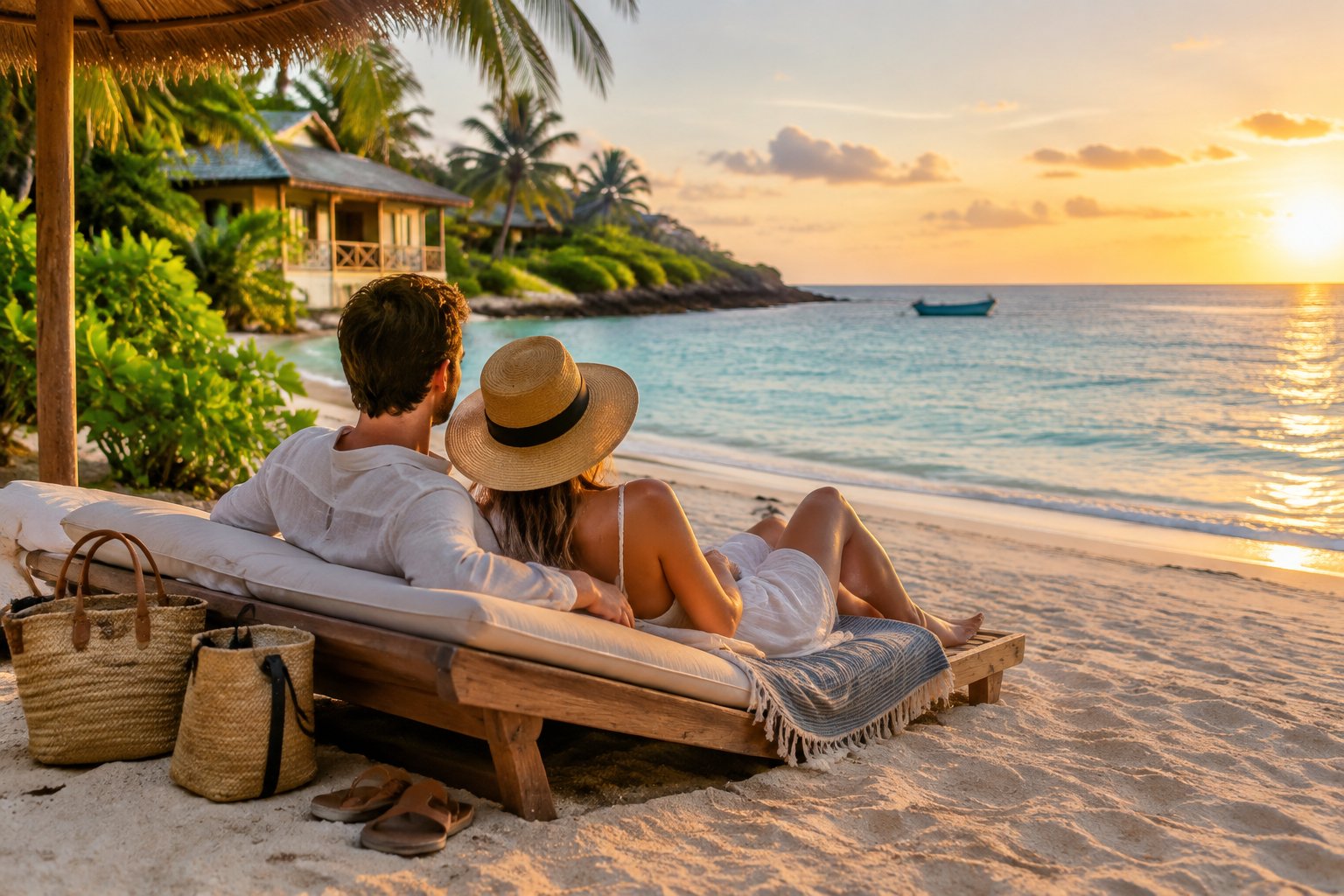 Newlywed couple relaxing on a quiet tropical beach near a simple beachfront bungalow.