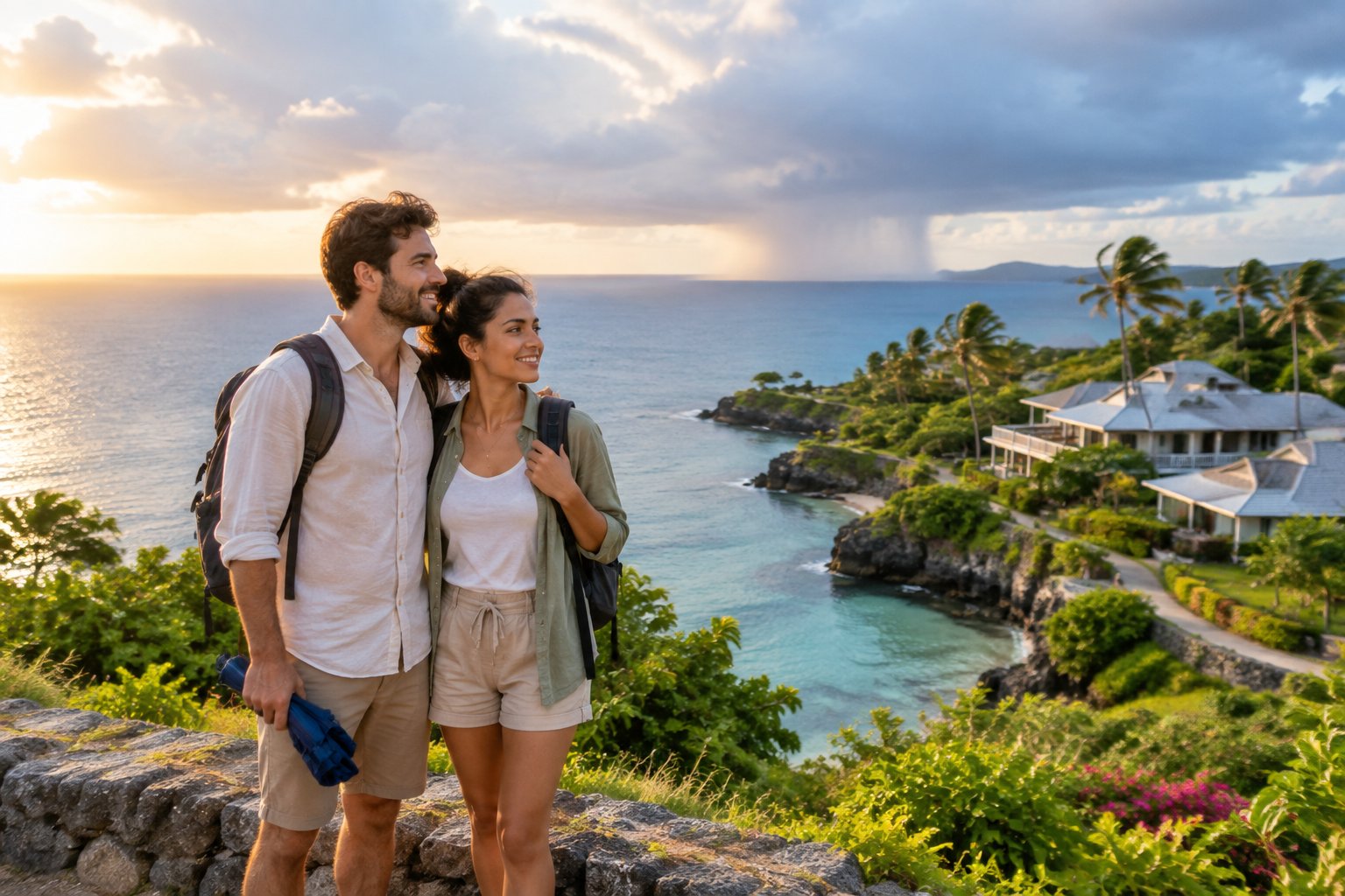 A couple prepares for changeable September weather at a scenic seaside honeymoon destination.