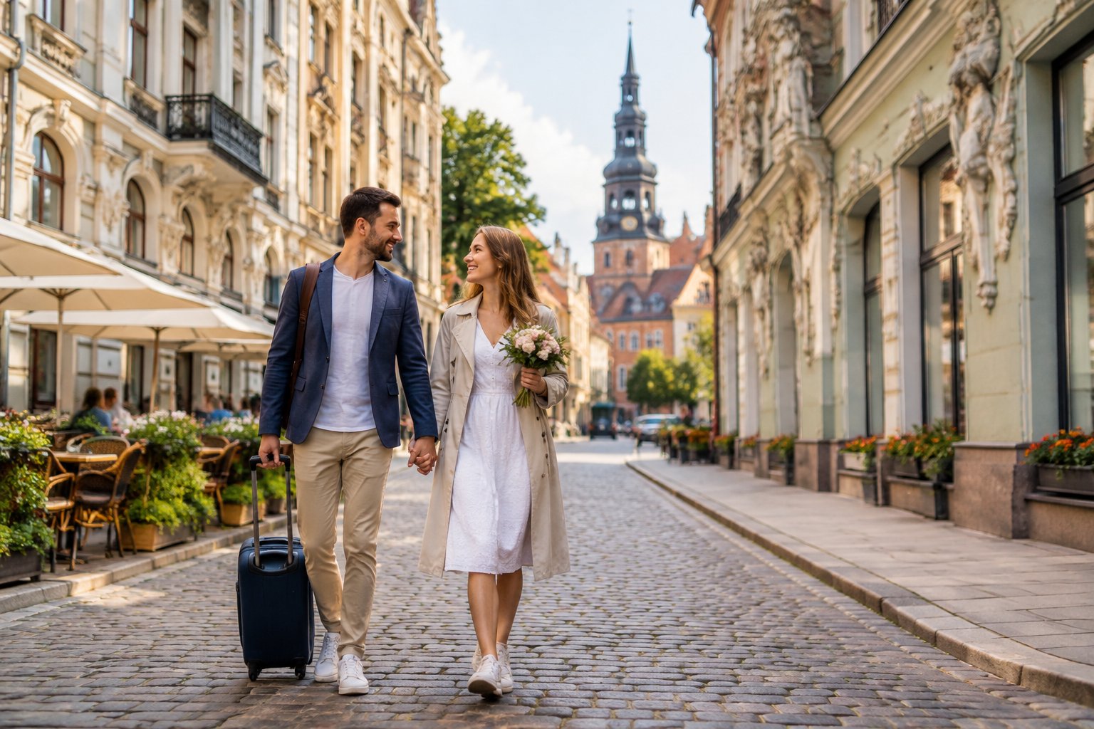 A newlywed couple walks hand in hand through Riga’s historic Old Town.