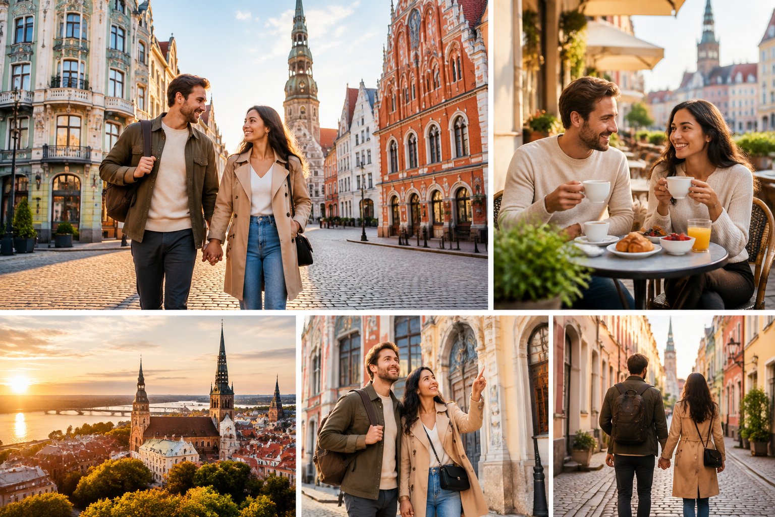 A newlywed couple walks hand in hand through Riga’s historic city center near a café.