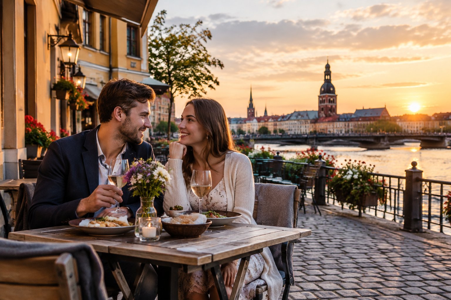 A newlywed couple enjoys a romantic evening on a riverside terrace near Riga’s historic Old Town.