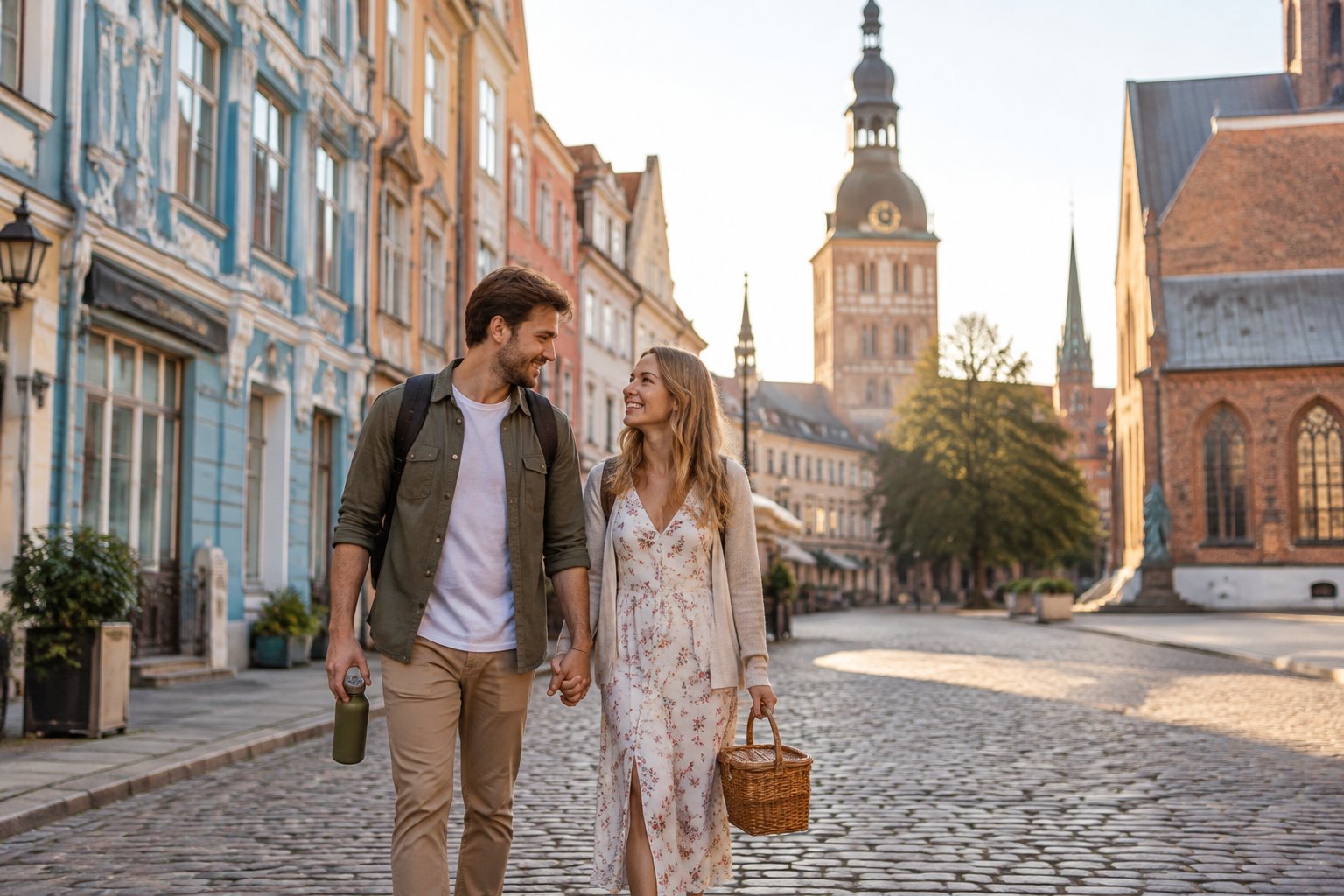A newlywed couple walks hand in hand through Riga’s historic Old Town with a small picnic basket.