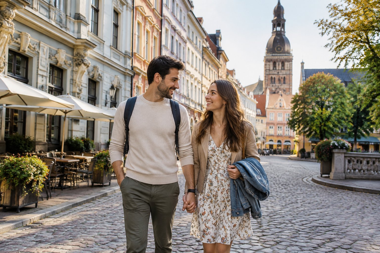 A newlywed couple walks through Riga’s historic Old Town on a pleasant, uncrowded day.
