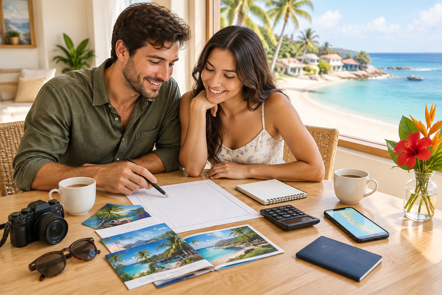 A couple plans an affordable honeymoon beside a window overlooking a sunny tropical beach.