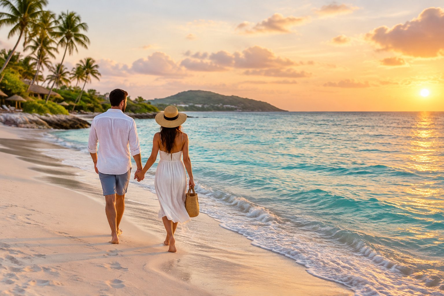 A couple walks hand in hand along a sunny tropical beach.
