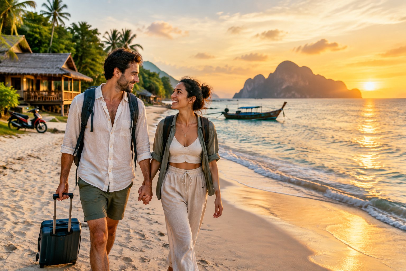 A newlywed couple walks hand in hand along a tropical beach near modest travel accommodations.
