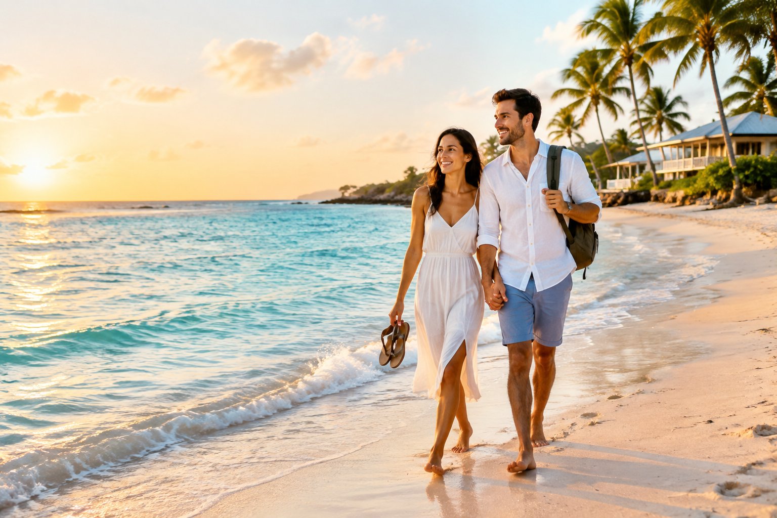 Newlywed couple relaxing together on a sunny tropical beach near turquoise water.