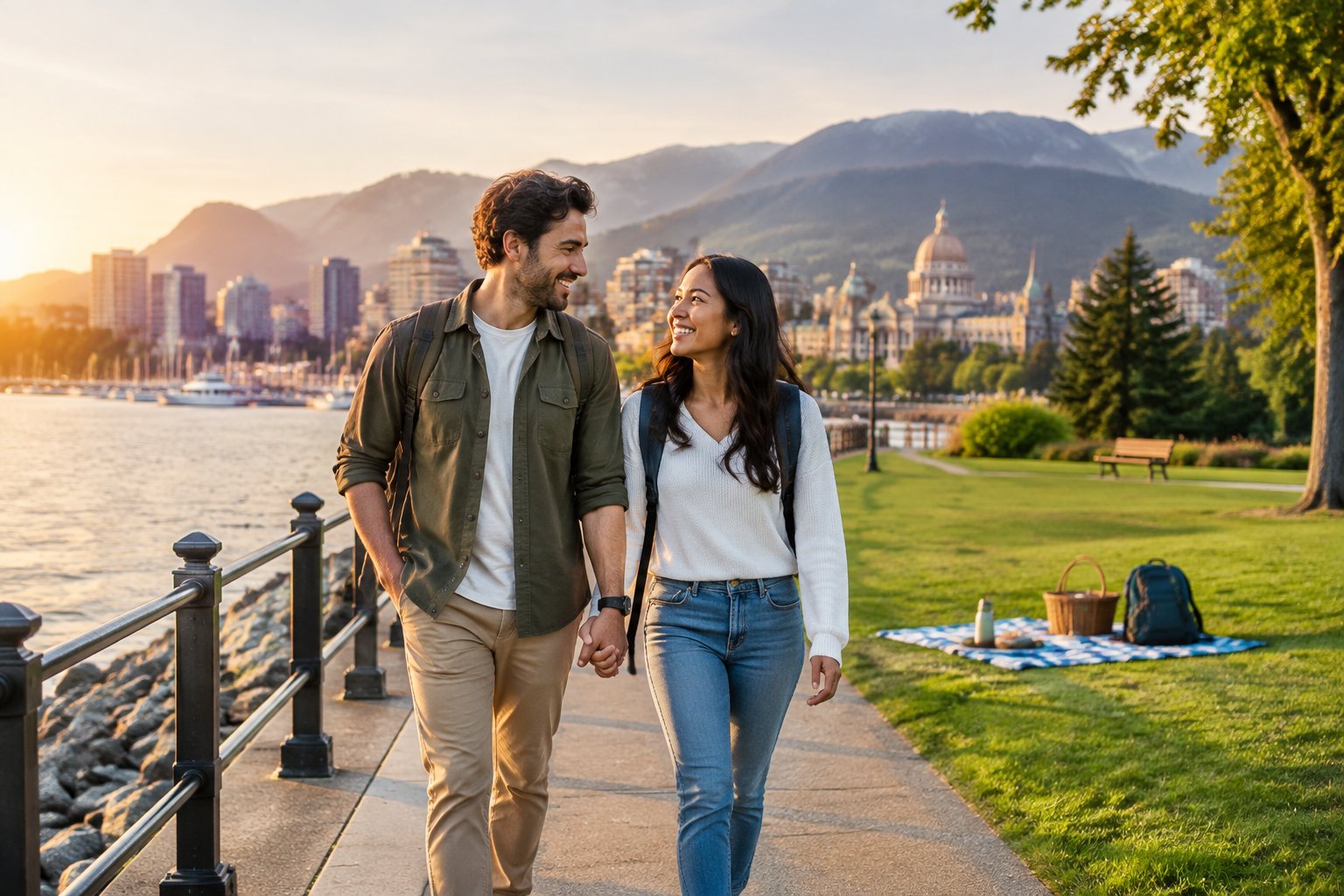 A newlywed couple walks hand in hand along a scenic waterfront near a city park with mountains in the distance.