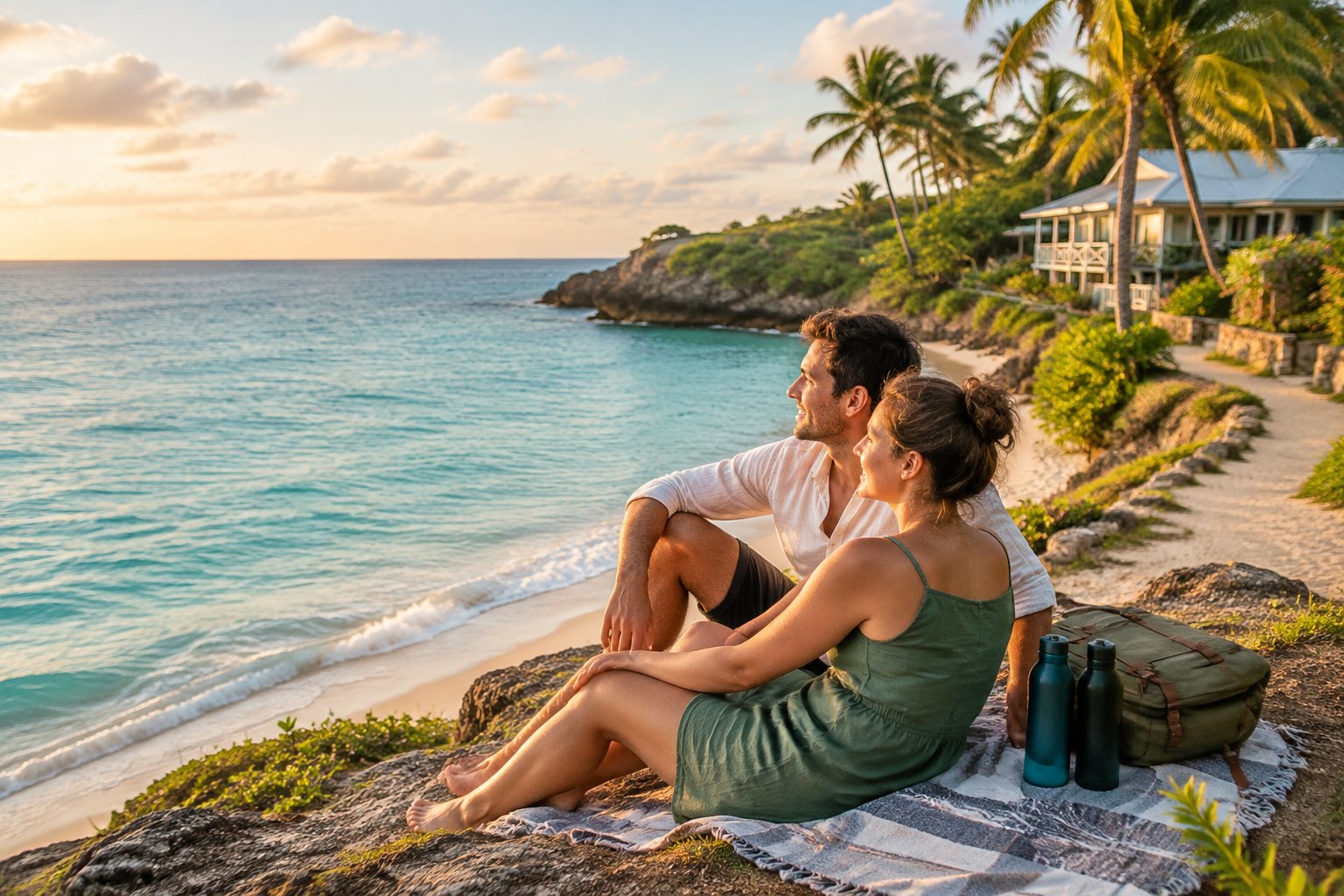 A newlywed couple relaxes together on a scenic tropical beach near a modest guesthouse.