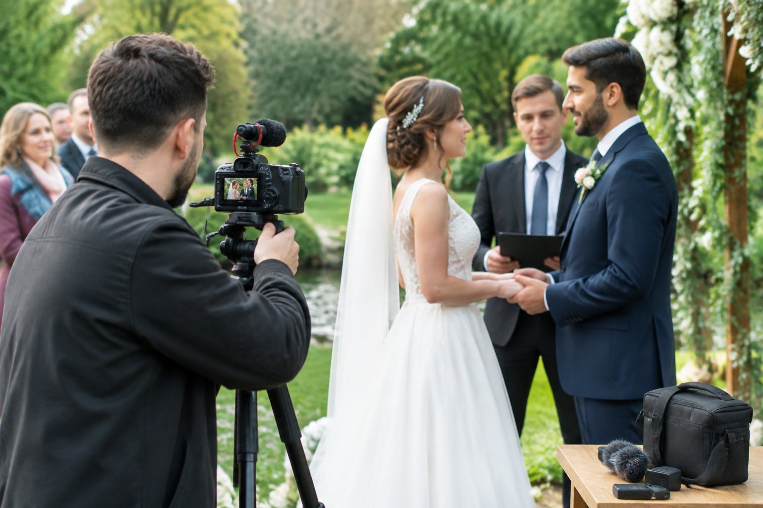 A videographer records a newlywed couple during an outdoor wedding ceremony.