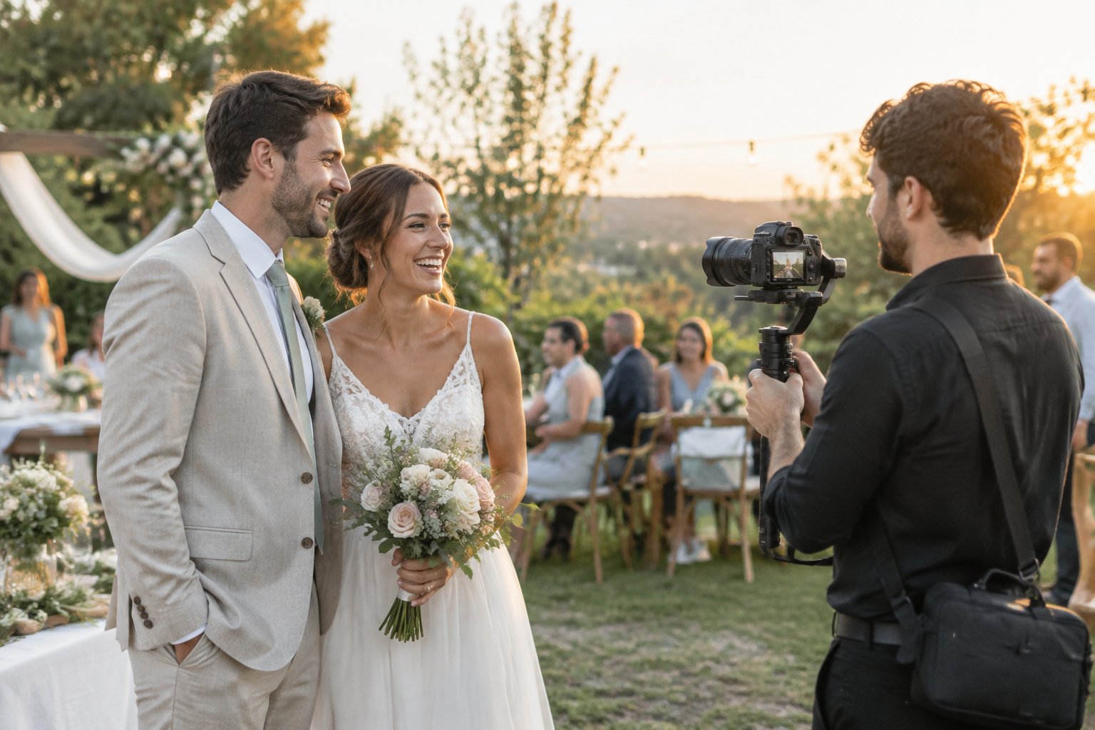 A videographer films a smiling newlywed couple at an outdoor wedding reception.