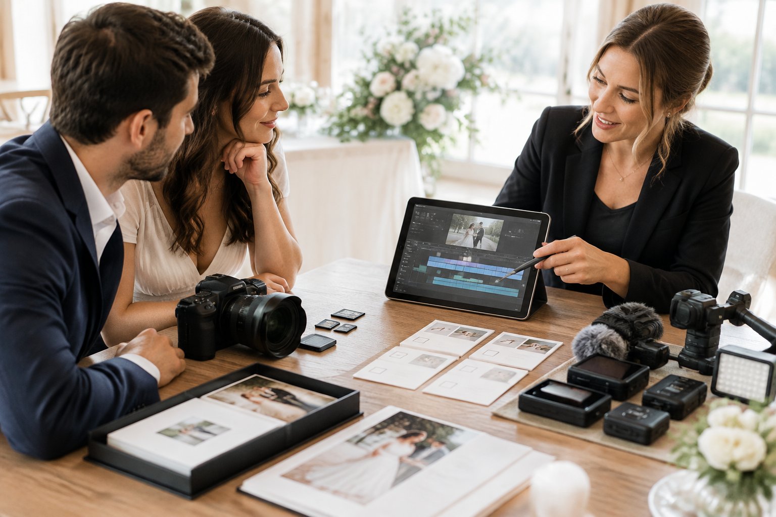 A couple reviews wedding videography equipment and sample deliverables with a professional at a planning table.