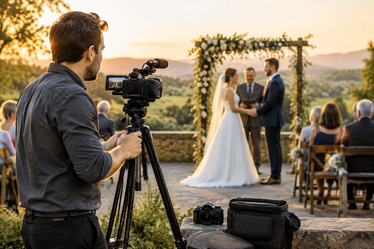 A videographer records a bride and groom during an outdoor wedding ceremony.