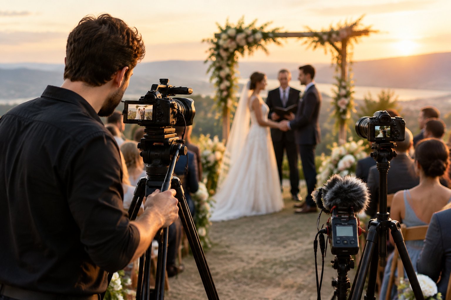 A wedding videographer records a ceremony with professional cameras while the bride and groom exchange vows in the background.