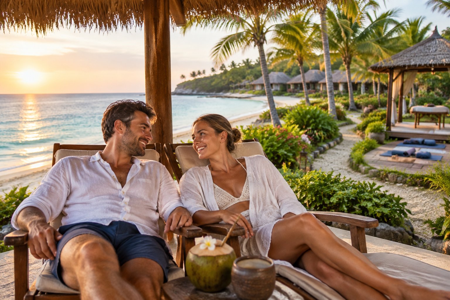 A newlywed couple relaxes together at an affordable tropical seaside wellness retreat.
