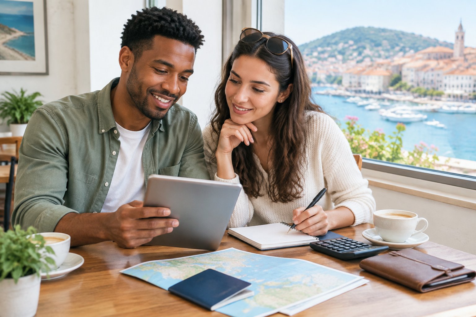 A newlywed couple compares affordable honeymoon travel options at a café table beside a scenic view.