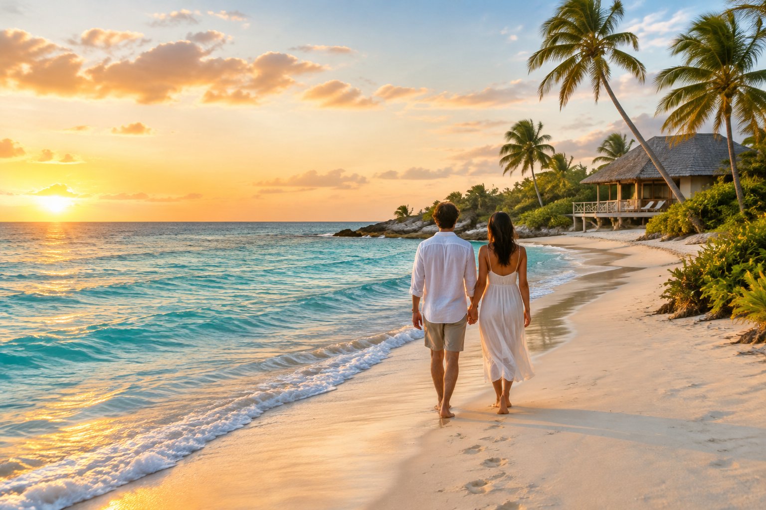 A couple walks along a quiet tropical beach beside turquoise water and palm trees.