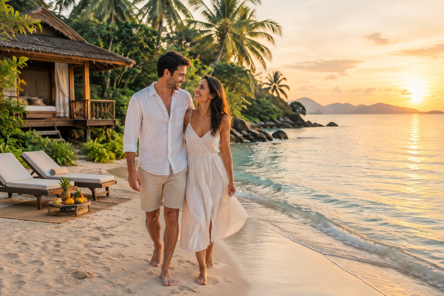 A newlywed couple relaxes together at a peaceful tropical beach retreat in Asia.