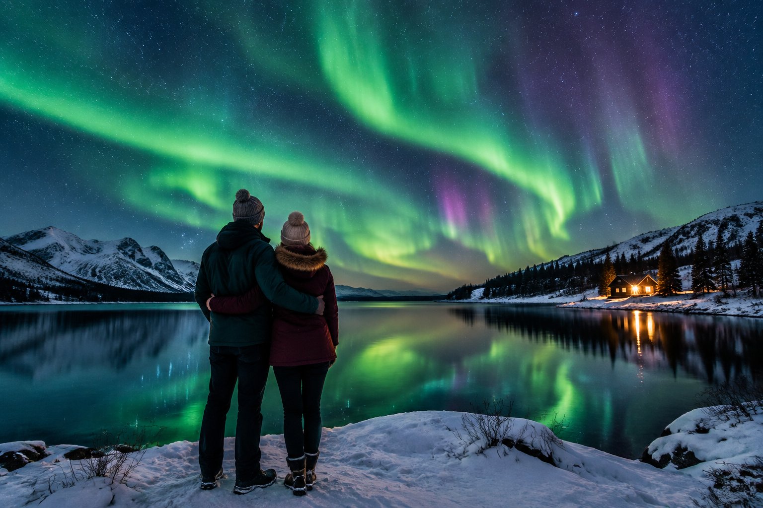 A newlywed couple embraces beside a snowy lake while watching the Northern Lights above a small cabin.