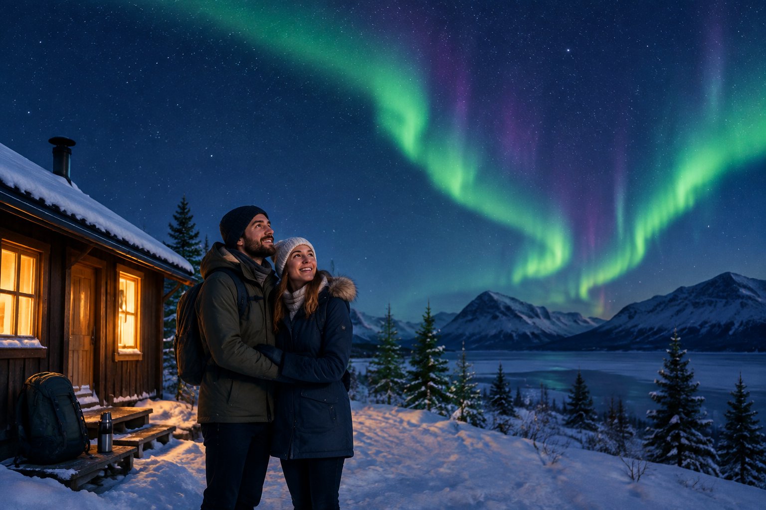 A newlywed couple embraces outside a cabin while watching the Northern Lights.