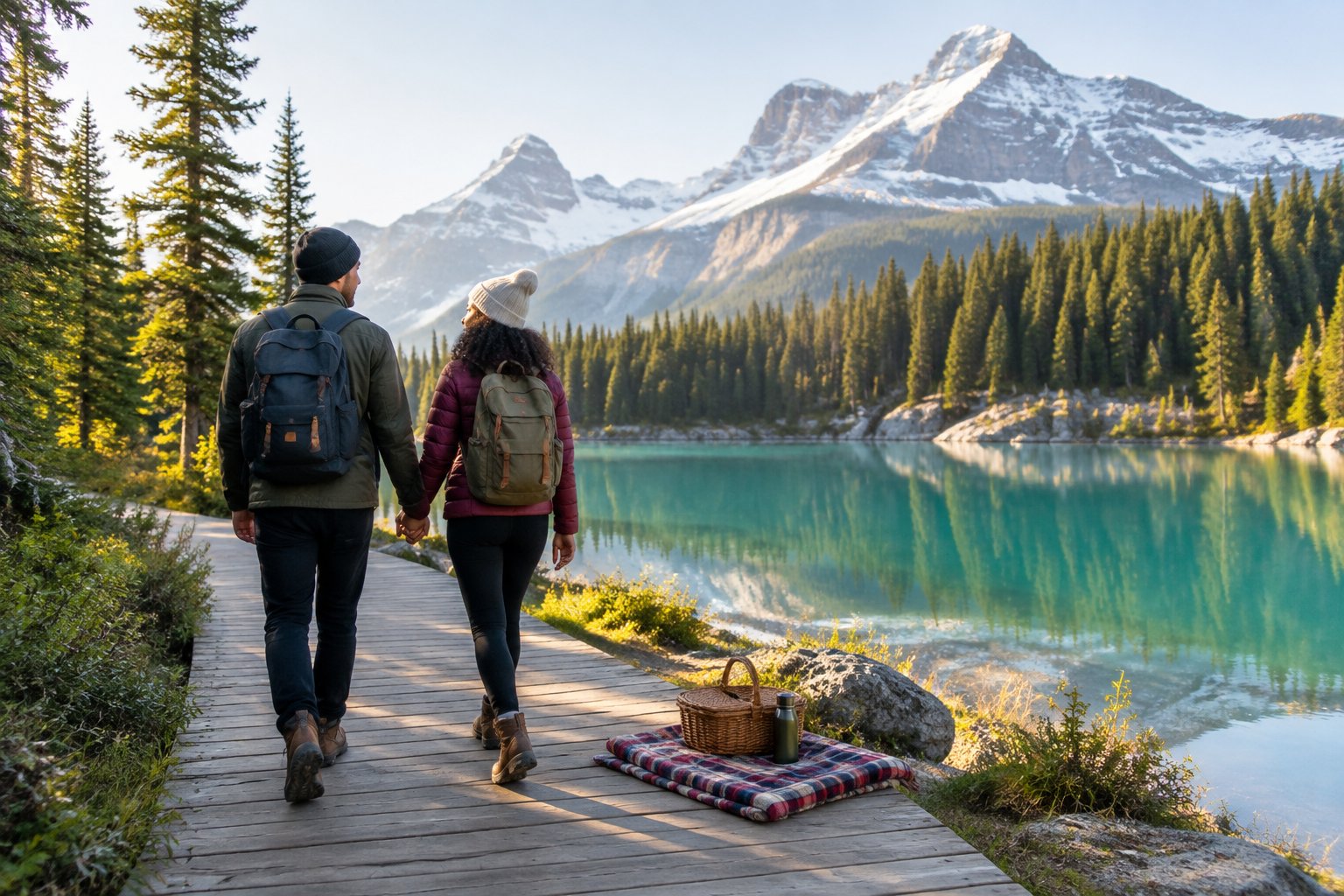 A newlywed couple walks beside a turquoise mountain lake surrounded by evergreen trees and snow-capped peaks.