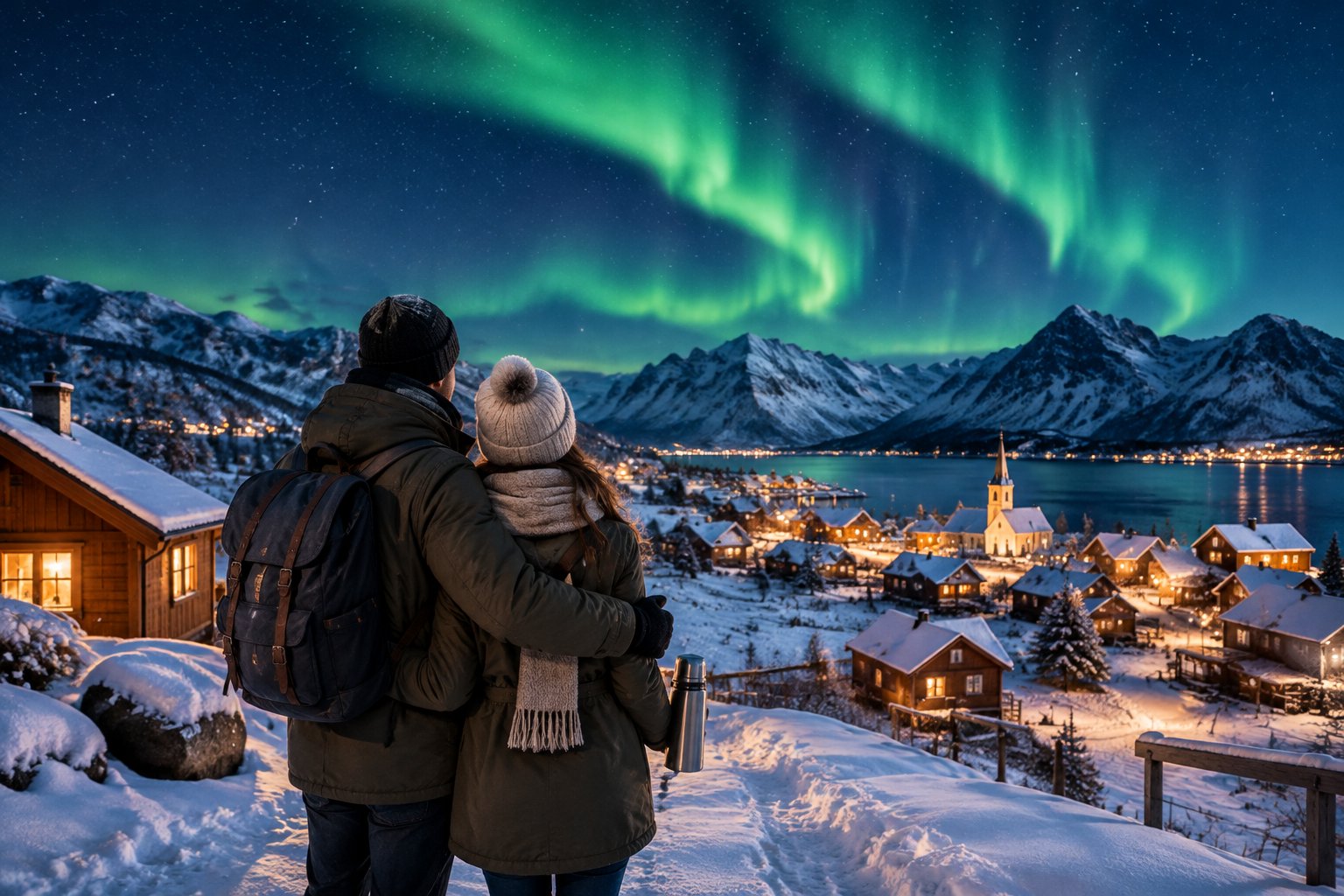A newlywed couple watches the northern lights above a snowy European village.