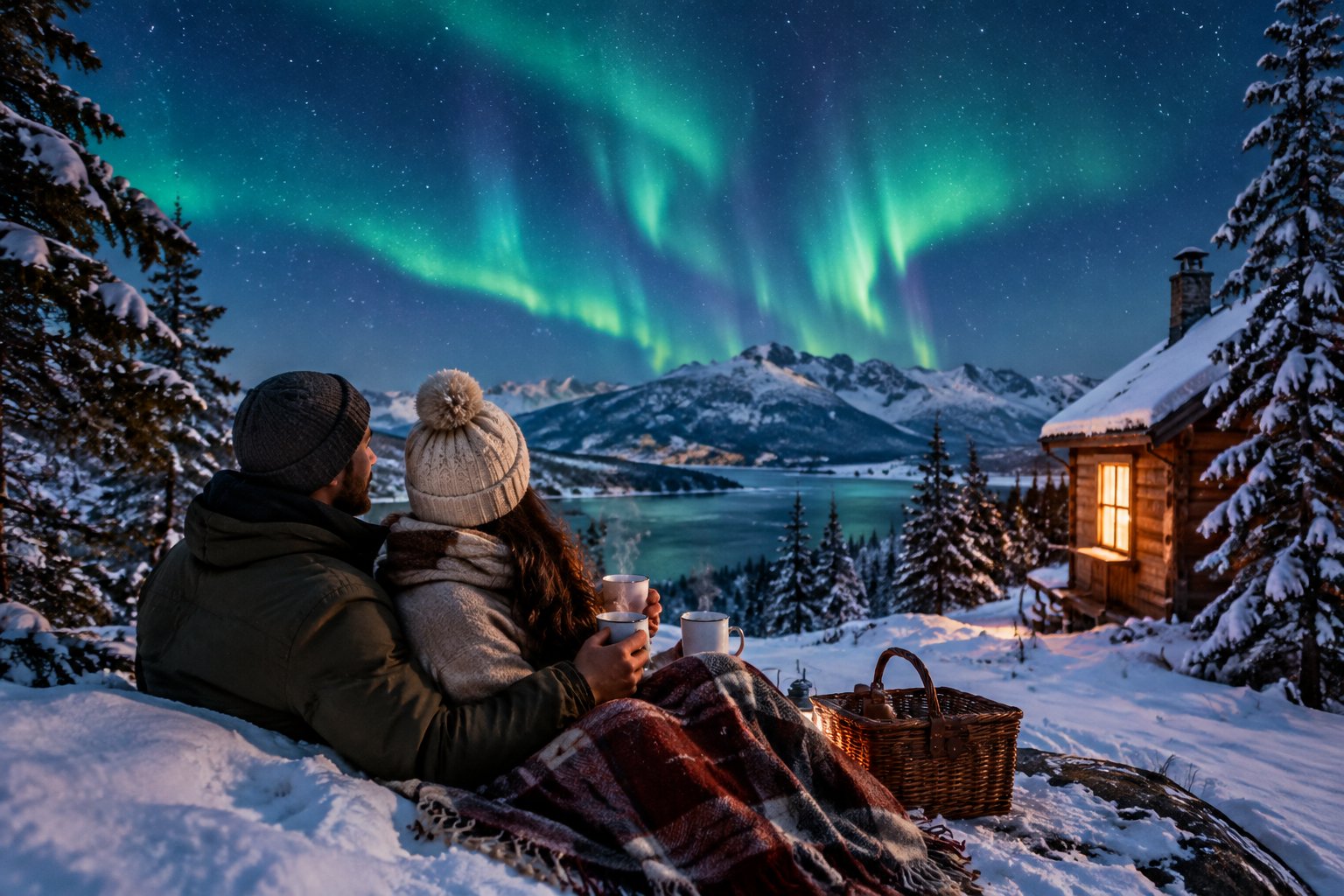 A newlywed couple shares a romantic moment beneath colorful northern lights near a cozy cabin in a snowy landscape.