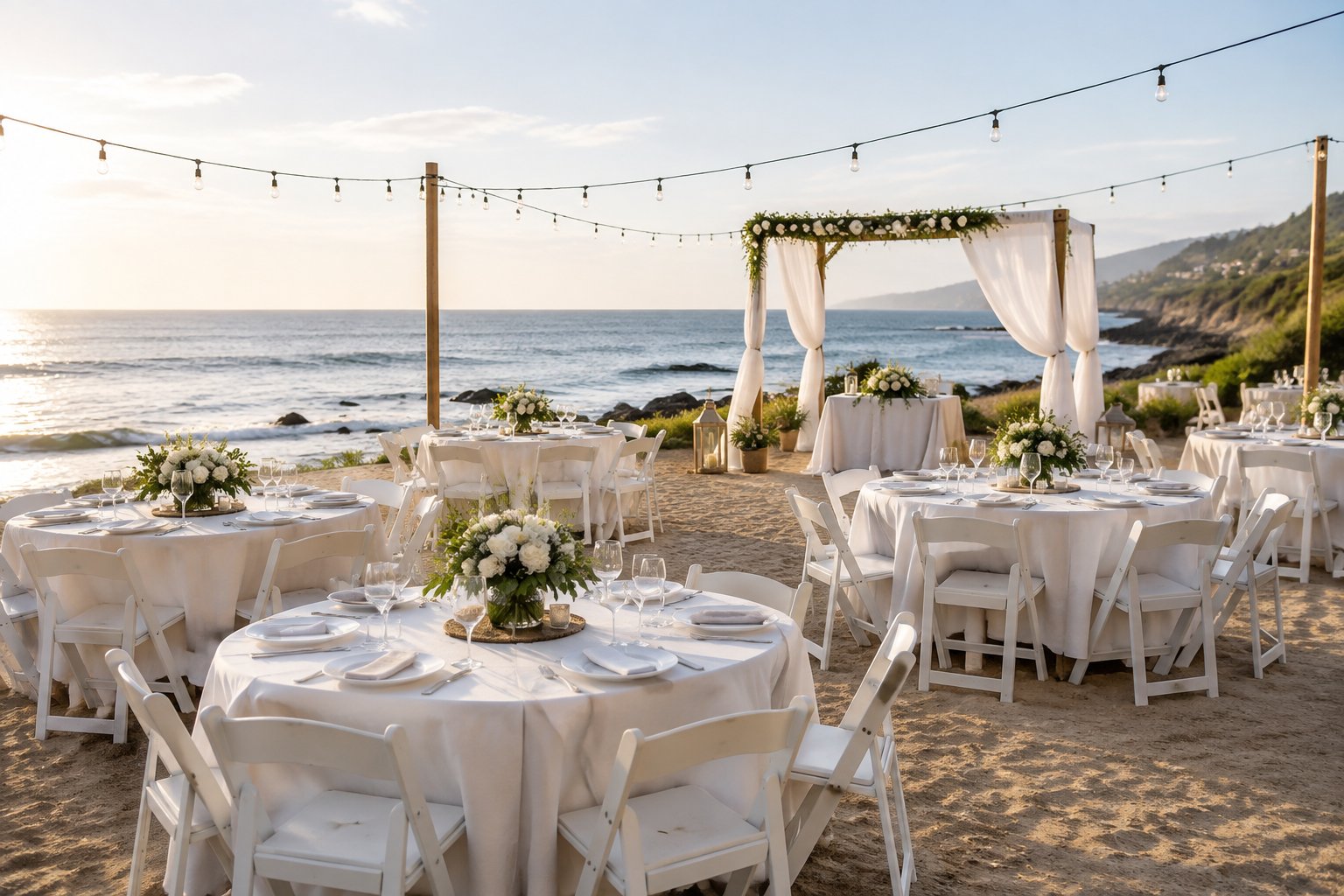 A simple decorated wedding reception setup on a beachfront with tables, chairs, string lights, and the ocean in the background.